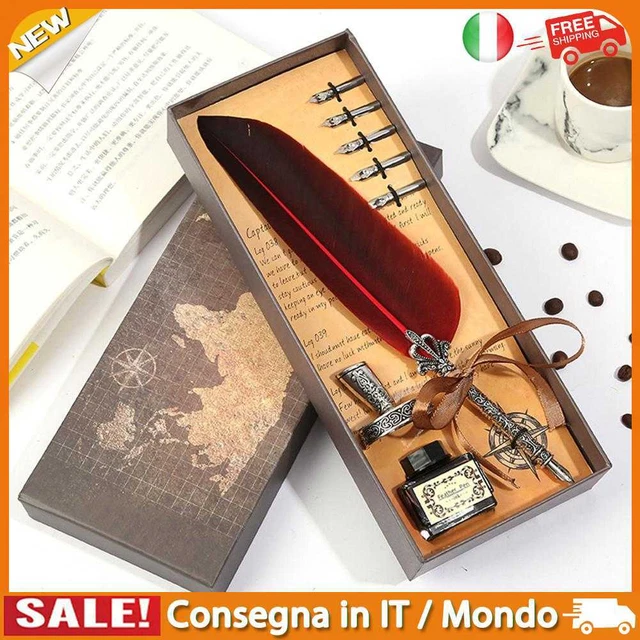 IT Retro Calligraphy Feather Dip Pen Writing Ink Quill Fountain Pen Set (Red)