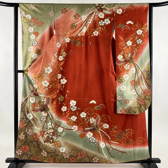 Japanese Silk Kimono Robe Vintage Furisode Long Sleeves Gold Thread  Pink Flower