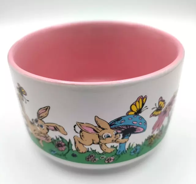 Vintage Napco Bowl Big Eyed Bunny Mushroom Butterflies Flowers Easter Retro