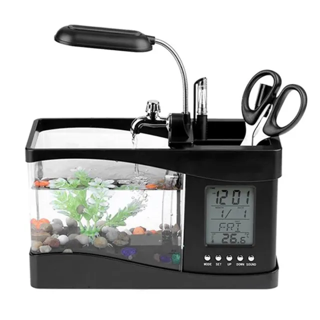 Desktop Aquarium Fish Tank LED Light USB Mini Fishing Tank Clock Office Home