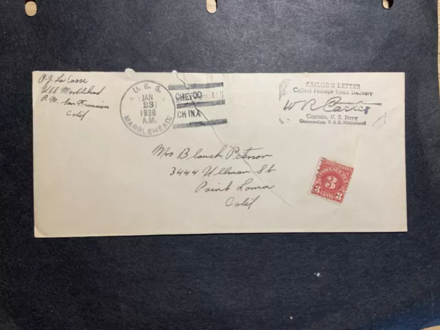USA 1936 cover with USS Marblehead Chefoo China ship cancel Postage Due applied
