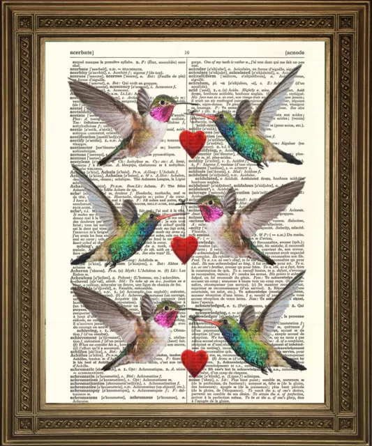 HUMMING BIRDS LOVE HEART GIFT: Vintage Antique Dictionary Book Page Art Print