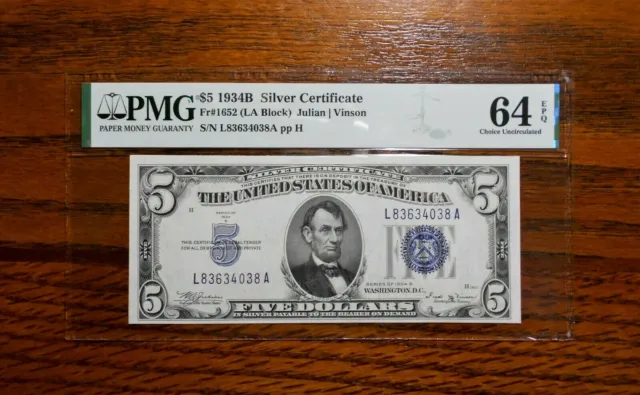 1934-B $5 Silver Certificate 👍 PMG 64 EPQ