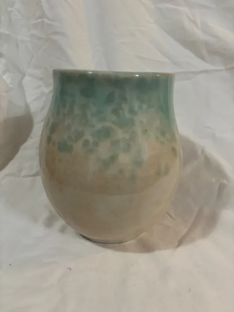 Signed studio art pottery cream and light blue pale teal glazed vase