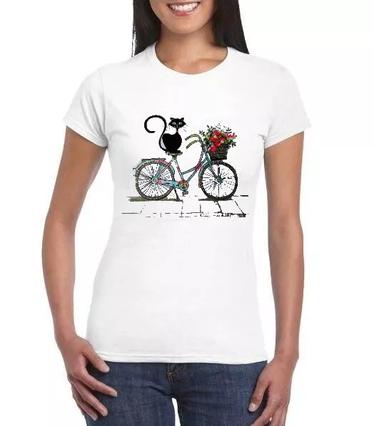 T-shirt donna gatto nero Maglietta Originale mici Manica Corte Cotone bicicletta