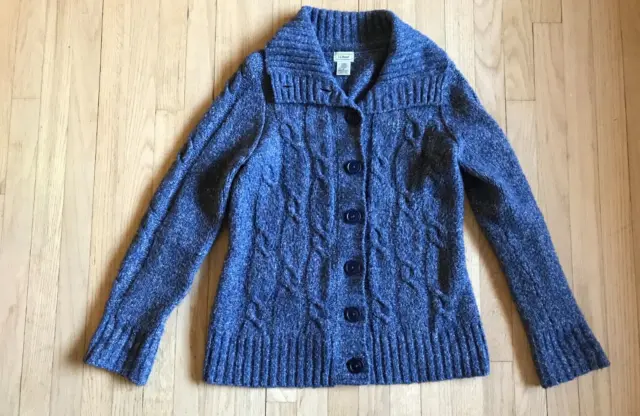 LL Bean Womens Marled Blue Wool Blend Cardigan Sweater Shawl Collar Cable Knit M