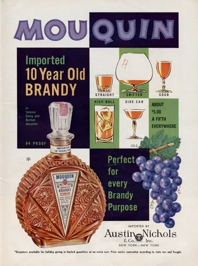 1957 Austin Nichols Mouquin 10 yr old Brandy Vintage Bottle PRINT AD