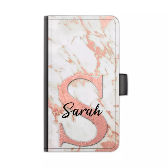 Personnalisé Initiales Nom PU Étui Cuir Téléphone Pêche Rose Marbre Rabattable