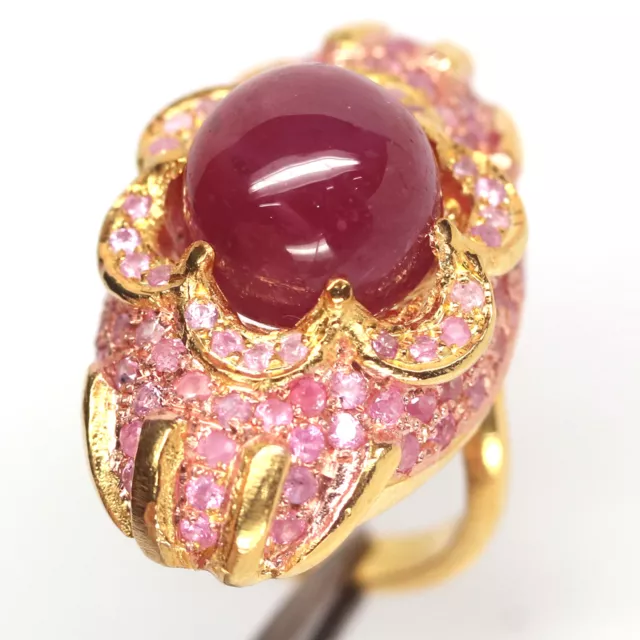 Gmestone 13 mm. Red Ruby & Pink Sapphire Ring 925 Silver Sterling 18K Gold