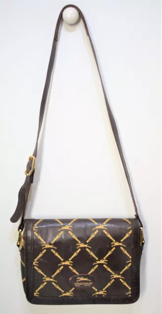 Longchamp, Sac porté épaule en cuir monogrammé ébène, vintage