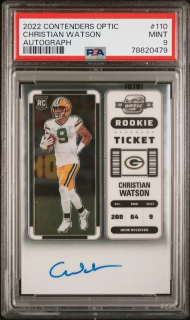 2022 Panini Contenders Optic Christian Watson Rookie Ticket Auto #110 PSA 9