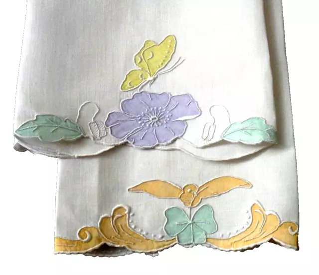 2 Madeira Embroidery Linen Hand Towels, Pastel Appliqué Butterfly Bird Flora VTG