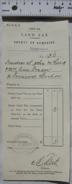 1883 receipt land tax Dumfries, John McCaig & Mrs. Ann Frazer