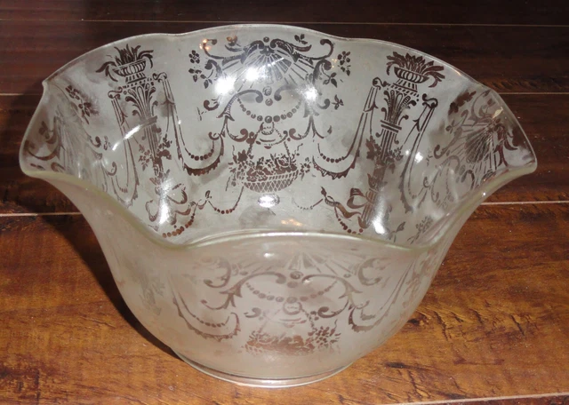 Victorian Acid Etched Glass Lamp Up Shade Gaslight Ruffled Scroll/Flower 4" Fitt