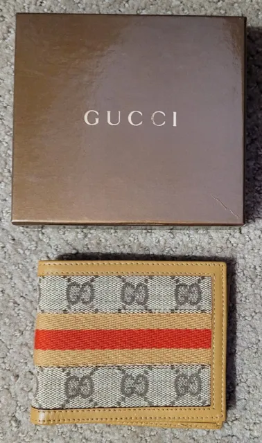 Auth Gucci Monogram Canvas Bi-Fold Mens Wallet Preowned Box Tan & Brown