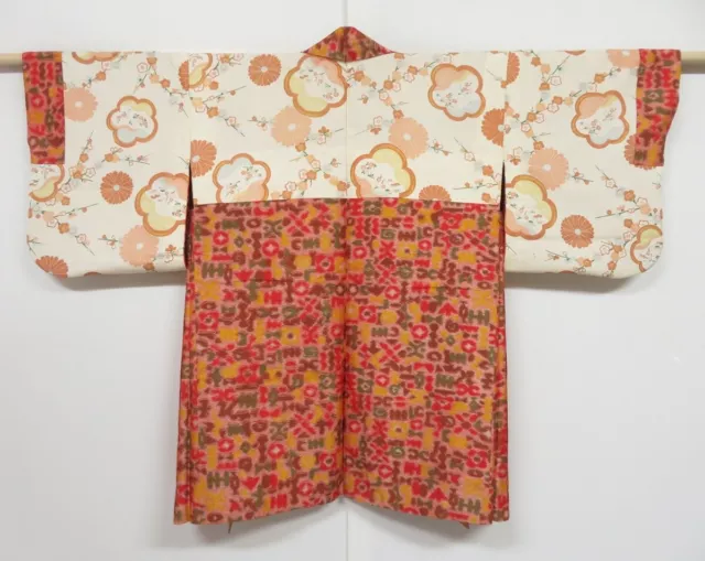 1208N05z400 Vintage Japanese Kimono Silk MEISEN HAORI Red Brown Flower