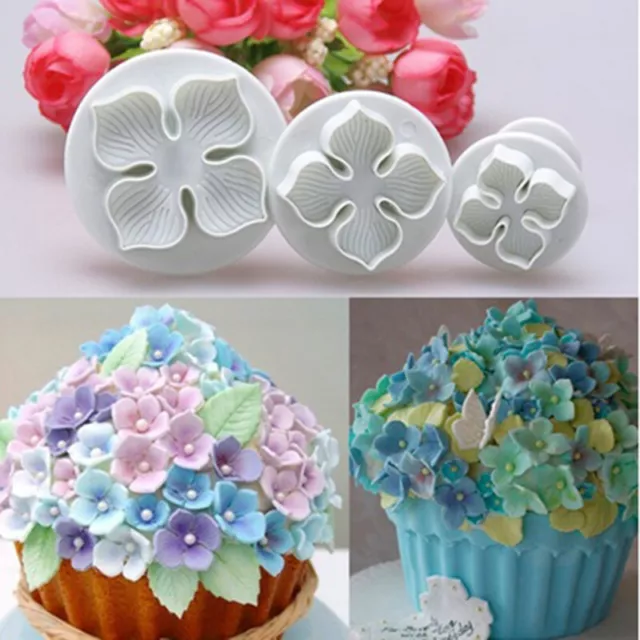 3Pcs hydrangea fondant cake decorating sugarcraft plunger cutter flower mold-