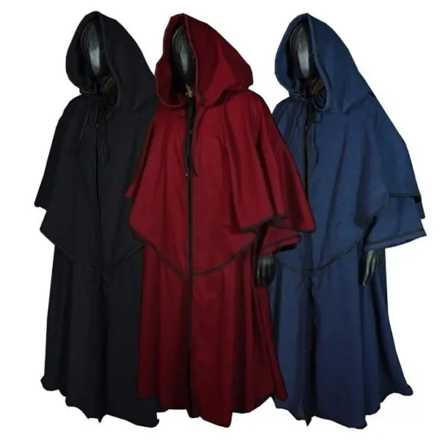 Halloween Wizard Hooded Cloak Medieval Witchcraft Vampire Cape Robe Costume Cos