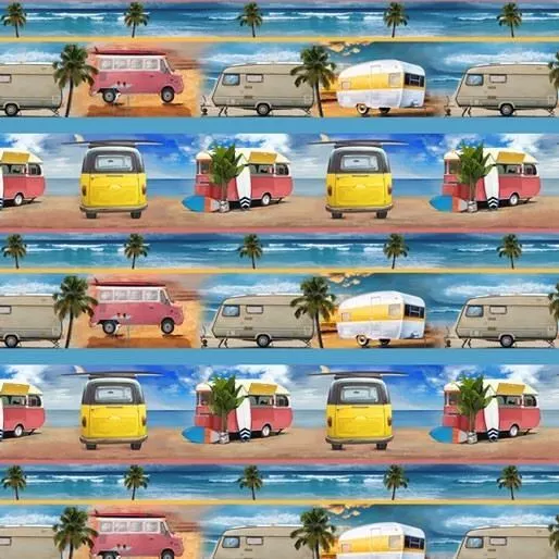 Retro Campers Caravans Camping Stripe Cotton Quilting Fabric 1/2 YARD