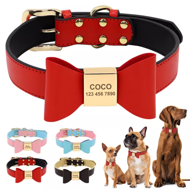 Personalized Dog Collar Cute Bow Tie Custom Pet Name Engraved Soft Leather XS-XL