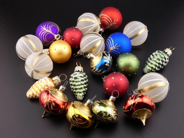 Vintage Christmas Mercury Glass Small Ornaments Lot Pinecone, Spin Top Stencil