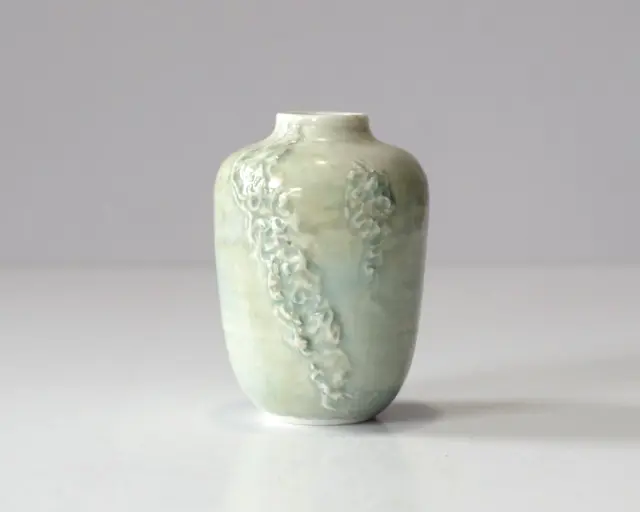 Small Japanese? Studio Pottery Porcelain Vase with Celadon Glaze, Signed, 8.4 cm