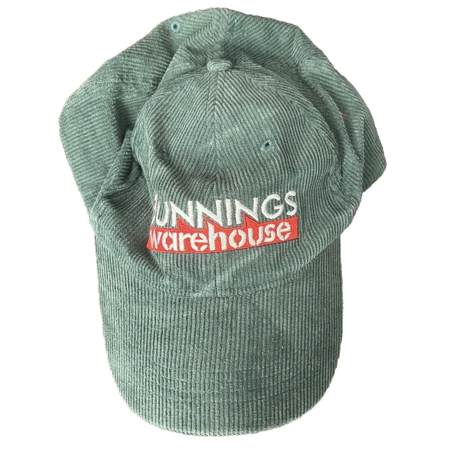 BUNNINGS WAREHOUSE HAT Cap Green Corduroy Logo Adjustable Snap Vintage