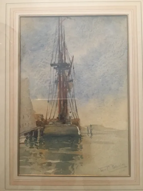 JANE C STANLEY Listed Artist - Signed Mast Ship in Harbor Watercolor Painting