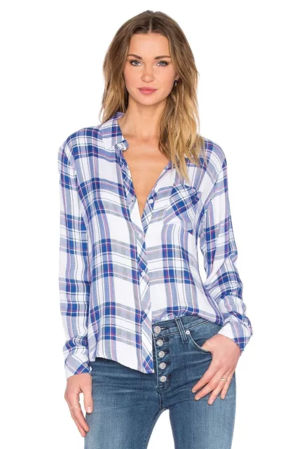 Rails Women's Hunter Button Down Plaid Shirt White Blue Raspberry XS