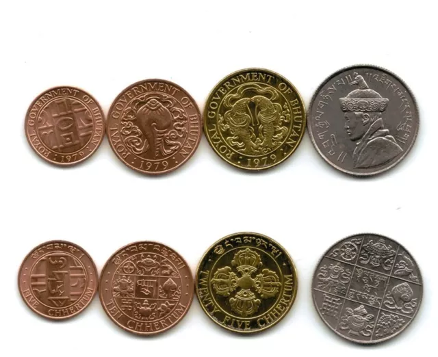 Bhutan sets 4 coins, 5 10 25 CHETRUMS 1 NGULTRUM 1979 NEW UNC