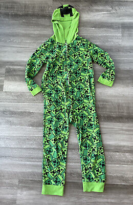 Minecraft Mojang Boys One Piece Pajamas Size S Green Zip Hooded Soft A11