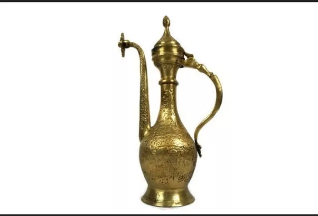 Vintage Large Islamic Solid Brass Tea Coffee Pot, Antique Arabic Brass Engraved