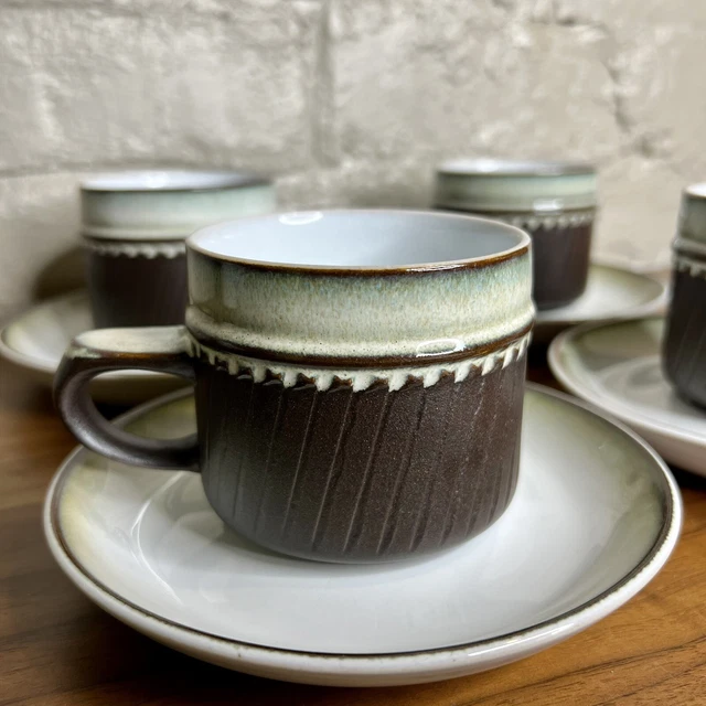 Vintage Denby Pottery Brown Rondo Ironstone Flat Cups & Saucers Set of 4 England