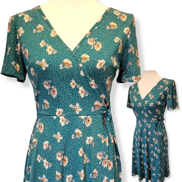 Kaileigh Women's Green Short Sleeve V-Neck Floral Faux Wrap Midi Dress Size XS