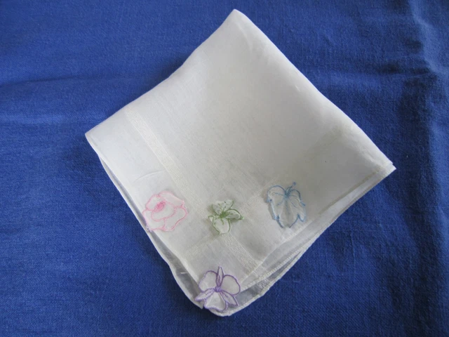 Beautiful White Applique Floral & Butterfly Design HANDKERCHIEF Hankie Hanky