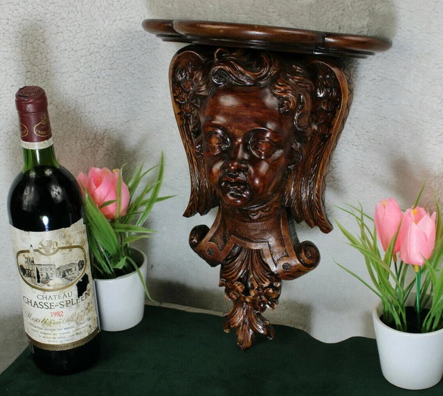 Antique French wood carved wall console putti angel head