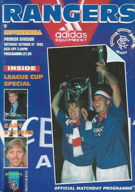 Rangers (Champions) v Motherwell Scottish Premier League 31st Oct 1992