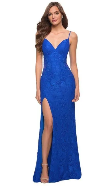 La Femme Royal Blue Sparkle Stretch Lace Open Back Sheath Gown Size 4 $448