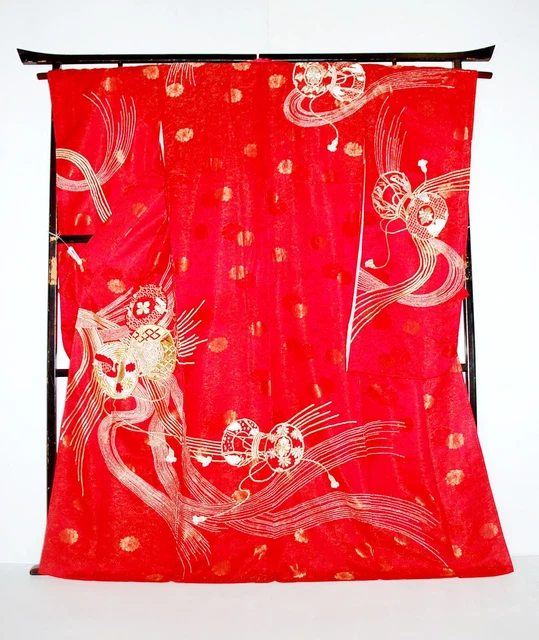 Furisode Kimono Robe L Silk Floral Wedding Dress Vintage Red Japanese F/S