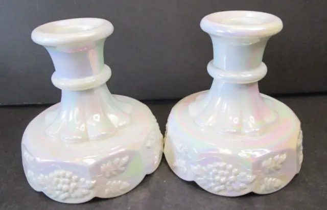 Westmoreland Milk Glass 2 White Irridescent Grape Candlestick Holders  1940-1984
