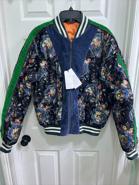 GUCCI AUTH MENS Grotesque Lion Garden Print Silk Bomber Jacket sz 