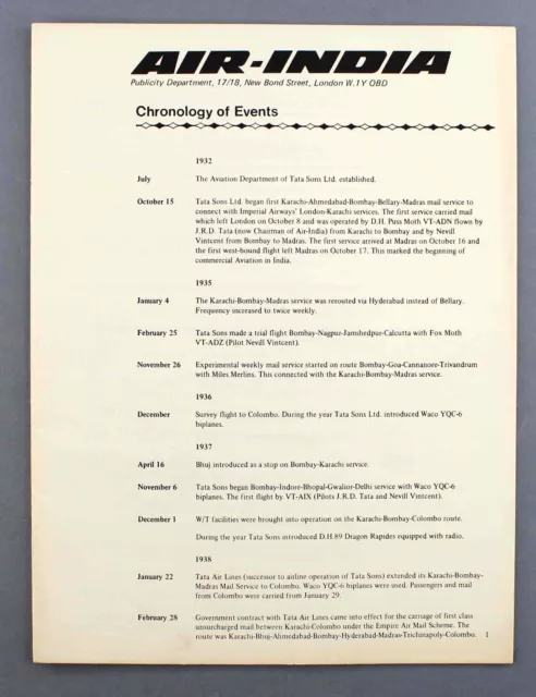 Air India Chronology Of Events Vintage Airline Brochure 1932 - 1973 Ai