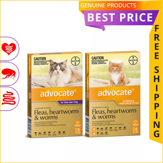 ADVOCATE 6 Doses for Cats Heartworm Worm and Flea Prevention FREE Shipping