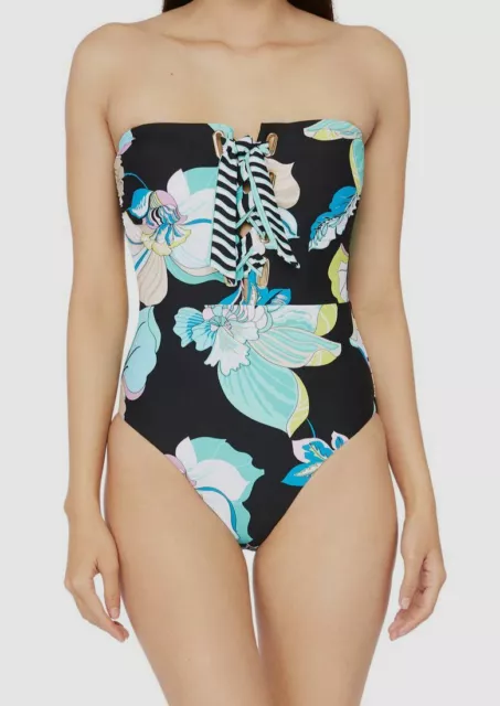 $162 Trina Turk Women's Black Sintra Floral Bandeau One Piece Swimsuit Size 8