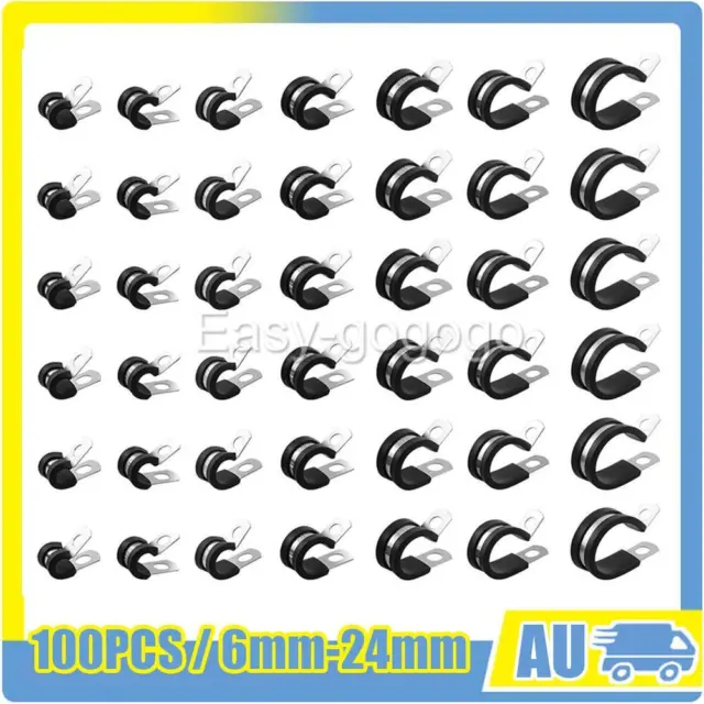 100x P Clips Rubber Lined Cable Hose Pipe Clamps Holder Air Clip Clamp 6mm-24mm