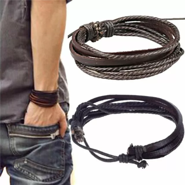 Mens Boys Handmade Leather Braided Surfer Wristband Cuff Bracelet Bangle Wrap