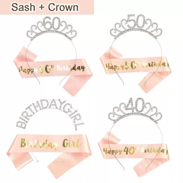 Happy Birthday Silver Tiara Headband Rose Gold Sash 18/30/40/50/60th Girls Crown