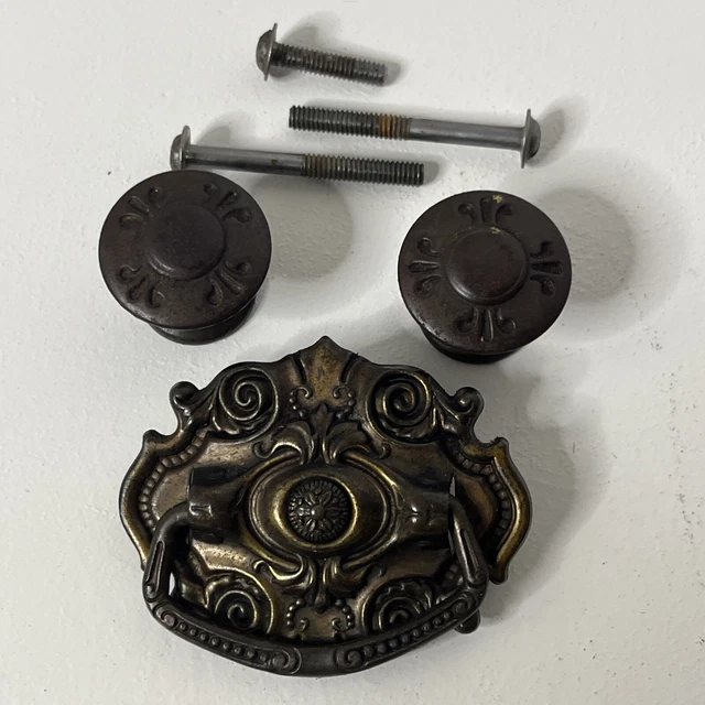 Lot of 3 Vintage Metal Drawer Pulls Brass Tear Drop Dresser Cabinet Knobs Ornate