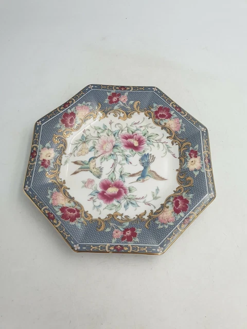 Japanese Porcelain Octagonal Shaped Plate Humming Birds Floral Grey Gold Edge