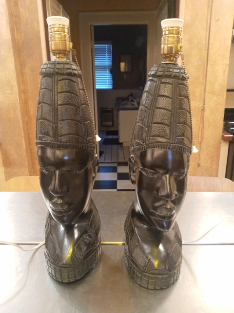 PAIR Vintage Large Heavy 1950S AFRICAN ART HAND CARVED WOODEN BUST LAMPS